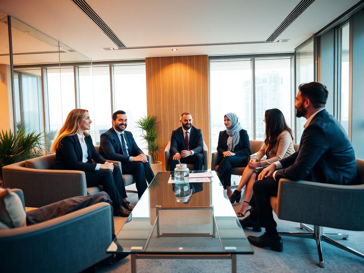 Aijmos Real Estate consultants meeting clients in their Business Bay office